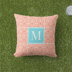 Coussin Monogramme en treillis carré Prépa - Corail & Turq