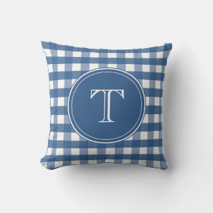 Coussin Monogramme En vichy bleu foncé et blanc