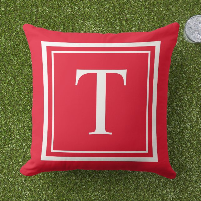 Coussin Monogramme encadré carré blanc rouge gras (Herbe)