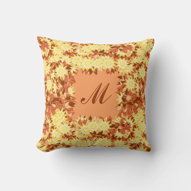 Coussin Monogramme encadré de fleurs - cacao et jaune (Recto)