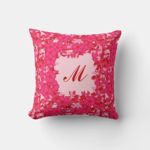 Coussin Monogramme encadré de fleurs - fuchsia et rose