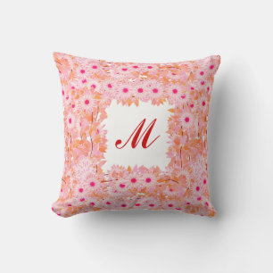 Coussin Monogramme encadré de fleurs - rose et pêche