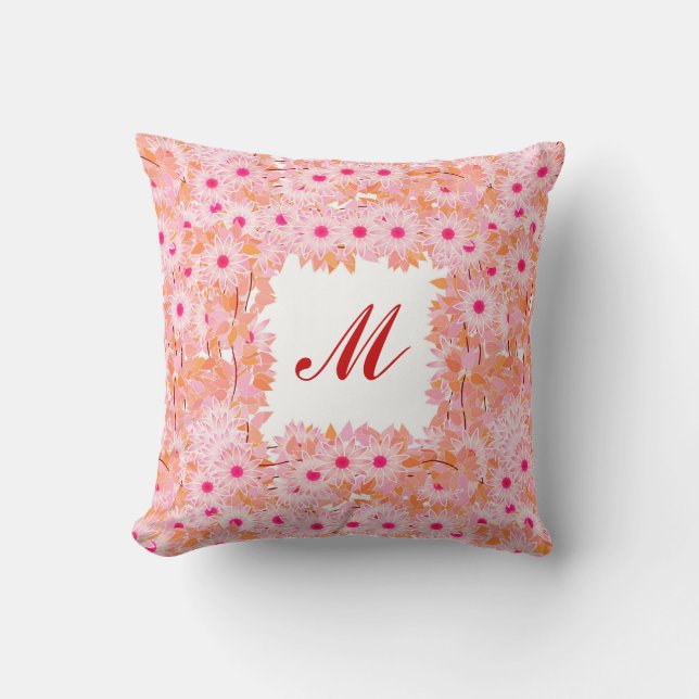 Coussin Monogramme encadré de fleurs - rose et pêche (Recto)
