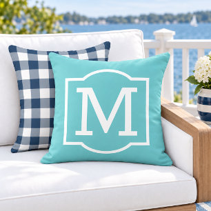 Coussin Monogramme entre parenthèses turquoise blanc gras