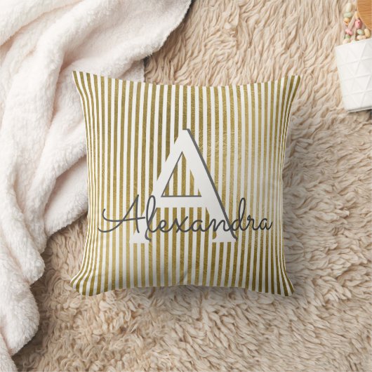 Coussin Monogramme et initiale rayés à huile blanche et or (Couverture)