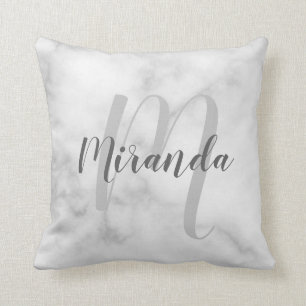 Coussin Monogramme et Marbre blanc de noms personnalisés 