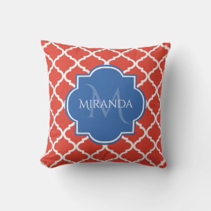 Coussin Monogramme et nom bleu Quatrefoil rouge tendance