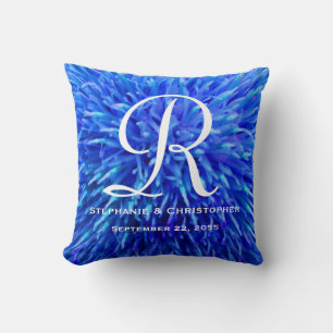 Coussin Monogramme et noms Carré floral Abstrait bleu