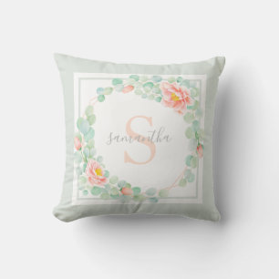 Coussin Monogramme Eucalyptus Feuille Peony Floral Peach S