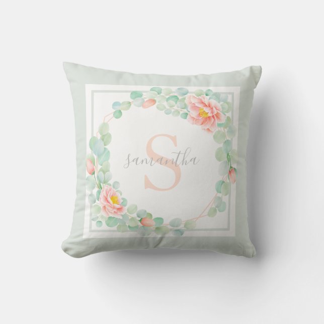 Coussin Monogramme Eucalyptus Feuille Peony Floral Peach S (Recto)