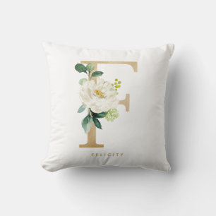 Coussin Monogramme F floral en faux papier d'or
