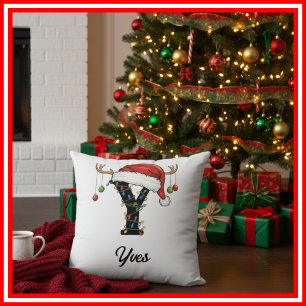 Coussin Monogramme Famille Antlers de Noël Santa Hat