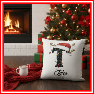 Coussin Monogramme Famille Antlers de Noël Santa Hat
