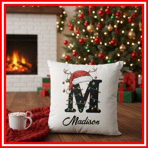 Coussin Monogramme Famille Antlers de Noël Santa Hat