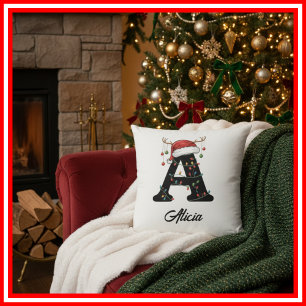 Coussin Monogramme Famille Antlers de Noël Santa Hat