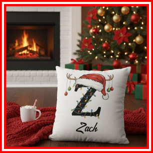Coussin Monogramme Famille Antlers de Noël Santa Hat Thon