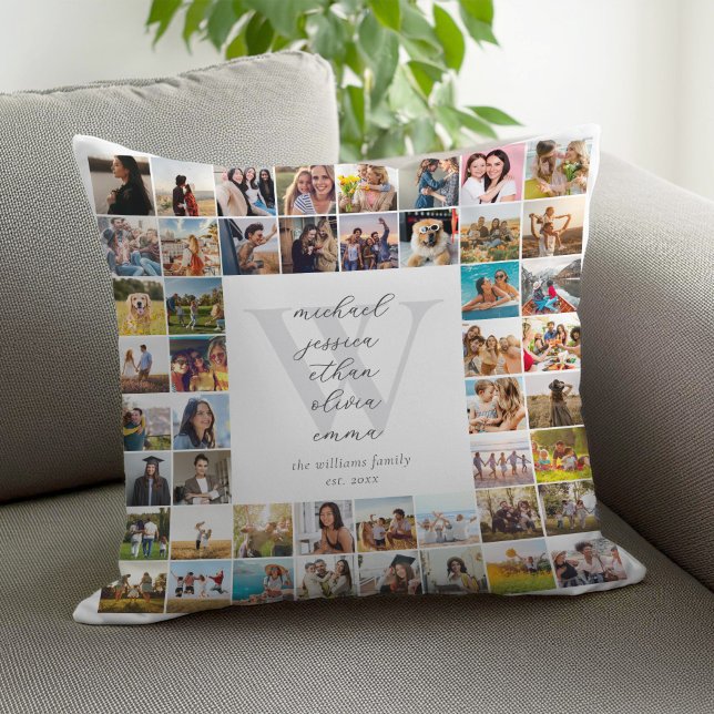 Coussin Monogramme Famille Noms Photo Collage (Créateur téléchargé)