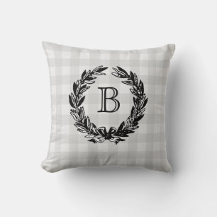 Coussin Monogramme Family Crest Wreath Grey Check