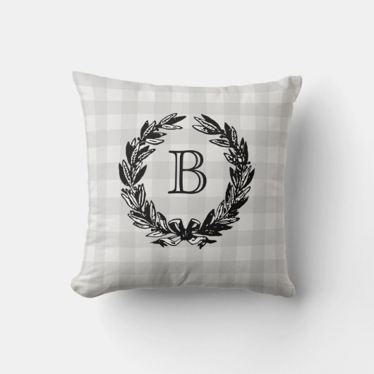 Coussin Monogramme Family Crest Wreath Grey Check (Recto)