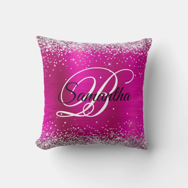 Coussin Monogramme fantaisie argent pailleté rose chaud (Recto)