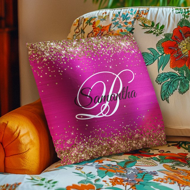 Coussin Monogramme fantaisie pailleté or rose chaud (Gold Glitter Hot Pink Foil Fancy Monogram Throw Pillow)