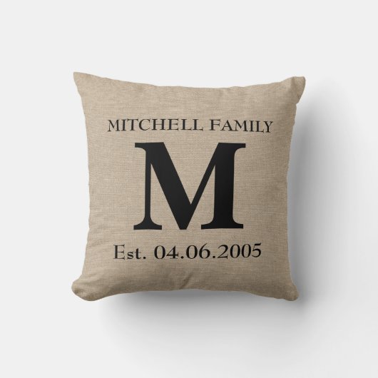 Coussin Monogramme faux lin burlap rustique mariage initia (Recto)