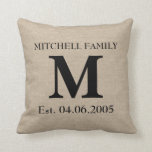 Coussin Monogramme faux lin burlap rustique mariage initia<br><div class="desc">Personnalisé ajoutez votre propre monogramme, initial, nom de famille et mariage anniversaire ou date d'anniversaire faux jute lin burlap rustique chic shabby country chic lancer oreiller.</div>