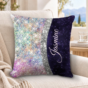 Coussin monogramme faux pailleté argent violet iridescent