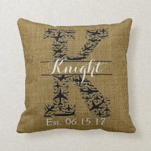 Coussin Monogramme fendu "K " d'avion rustique de toile de