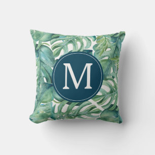 Coussin Monogramme Feuille de palme tropicale moderne