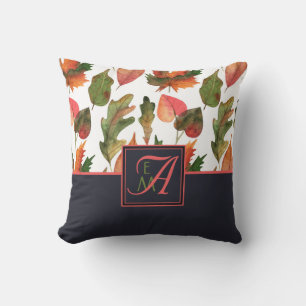 Coussin Monogramme Feuilles d'automne Bleu Orange Décor d'