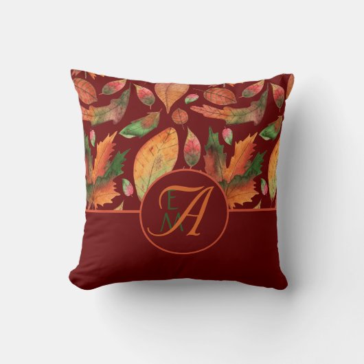 Coussin Monogramme Feuilles d'automne Chute Burgundy Décor (Recto)