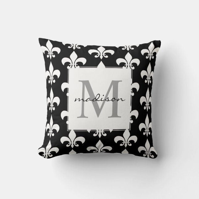 Coussin Monogramme Fleur blanc noir élégant de lis Pattern (Recto)