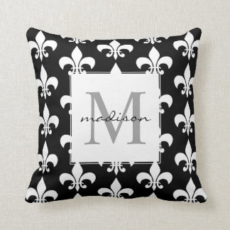 Coussin Monogramme Fleur blanc noir élégant de lis Pattern