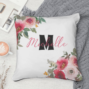 Coussin Monogramme Fleur de floraison rouge et rose élégan