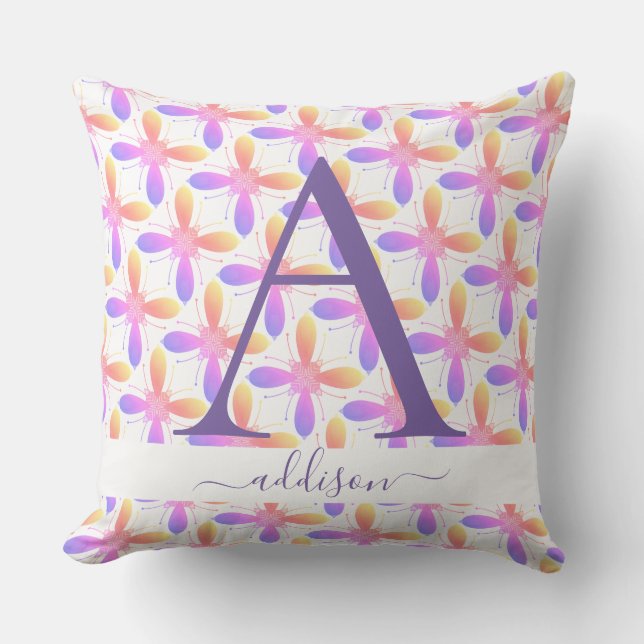 Coussin Monogramme Fleur Fille Colorée Nom  (Recto)