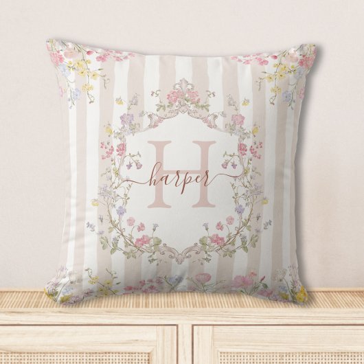 Coussin Monogramme Fleurs Colorées Rococo Rayures Personna