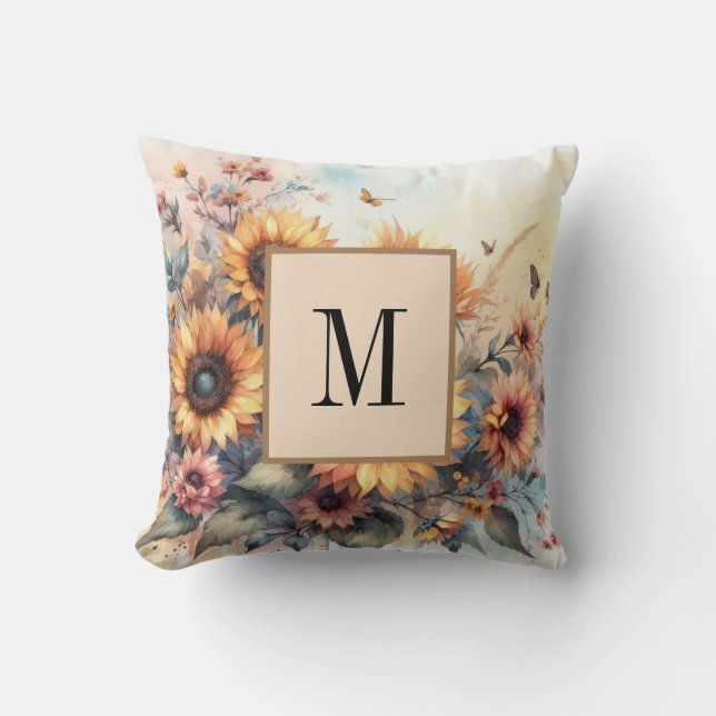 Coussin Monogramme Fleurs de chute et fleurs de soleil aqu (Recto)