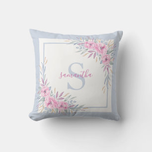 Coussin Monogramme Fleurs rose pâle Aquarelle Élégante