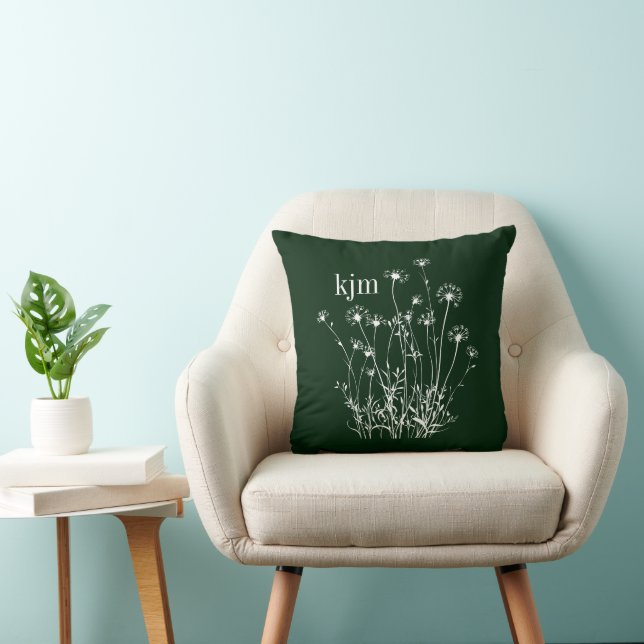 Coussin Monogramme Fleurs Sauvages Vert Foncé & Blanc (Chaise)