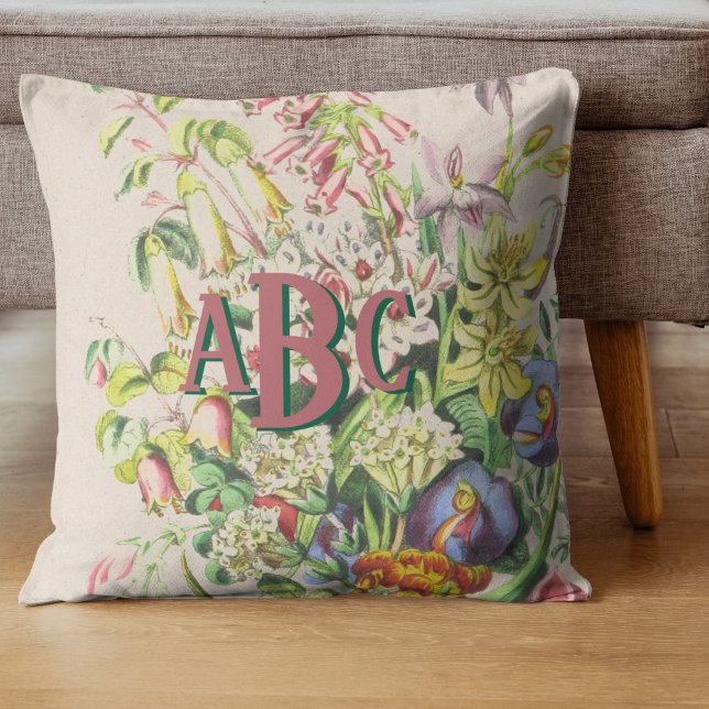 Coussin Monogramme Fleurs Vintages botaniques rose et vert (Elevate your dorm or lounge space with a Monogram Botanical Vintage Flowers Pink and Green Throw!)