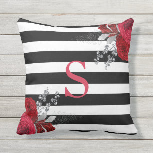 Coussin Monogramme floral argent rouge Rayures noires et b