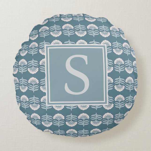 Coussin Monogramme Floral Bleu Boho (Devant)