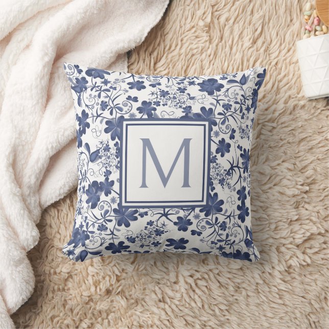 Coussin Monogramme floral bleu et gris (Couverture)