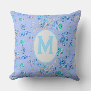 Coussin Monogramme floral bleu vintage
