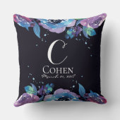Coussin Monogramme floral bleu violet lunatique (Verso)