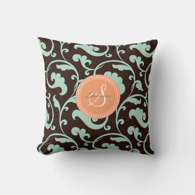 Coussin Monogramme floral brun girly élégant de motif (Recto)