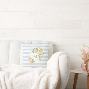 Coussin Monogramme Floral Chic Pastel Bleu Stripe Côtière