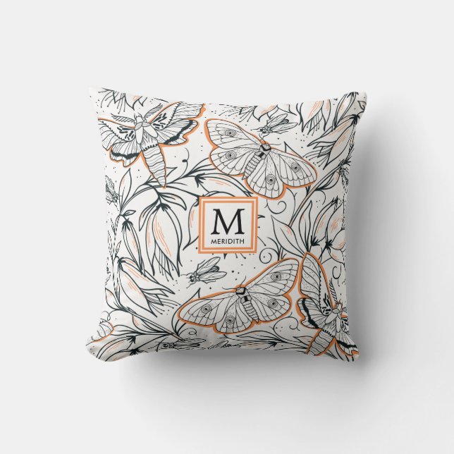Coussin Monogramme floral de papillon orange (Recto)