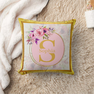 Coussin Monogramme Floral Doré Élégant I Nom Personnalisé